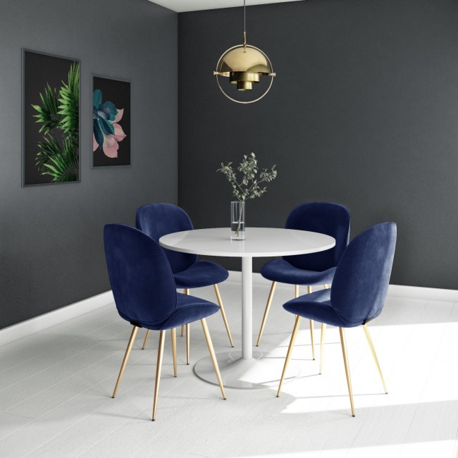 Jenna White Round Table & 4 Chairs in Blue Velvet with Gold Legs