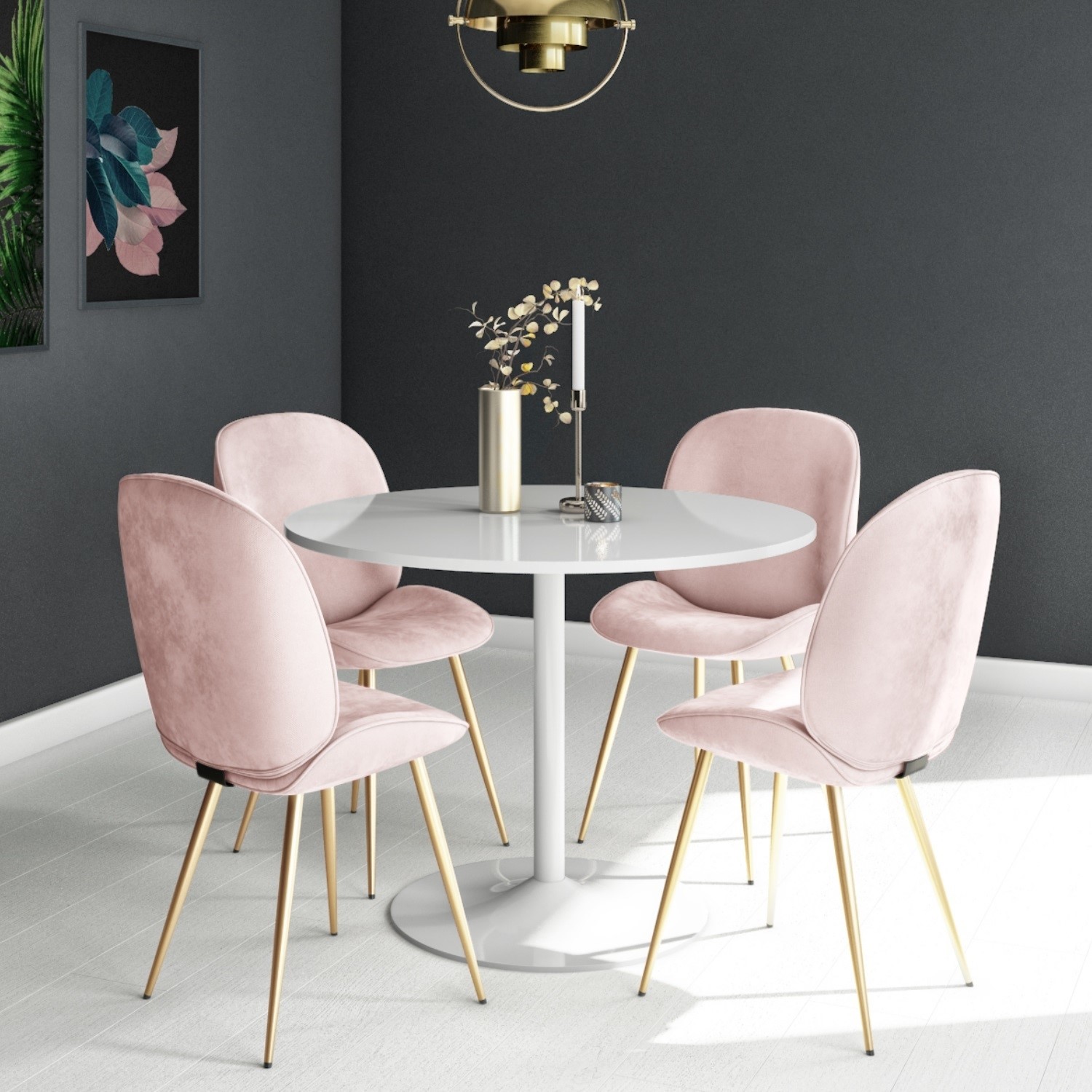 Jenna White Round Table 4 Chairs In Pink Velvet With Gold Legs