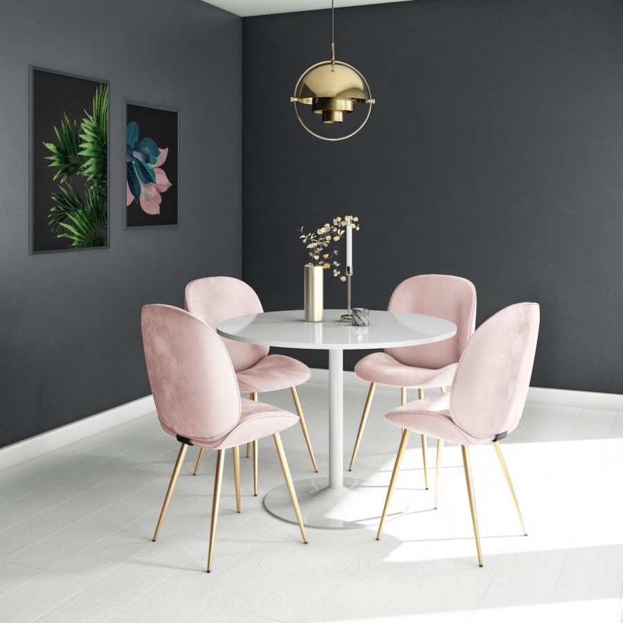 Jenna White Round Table & 4 Chairs in Pink Velvet with Gold Legs