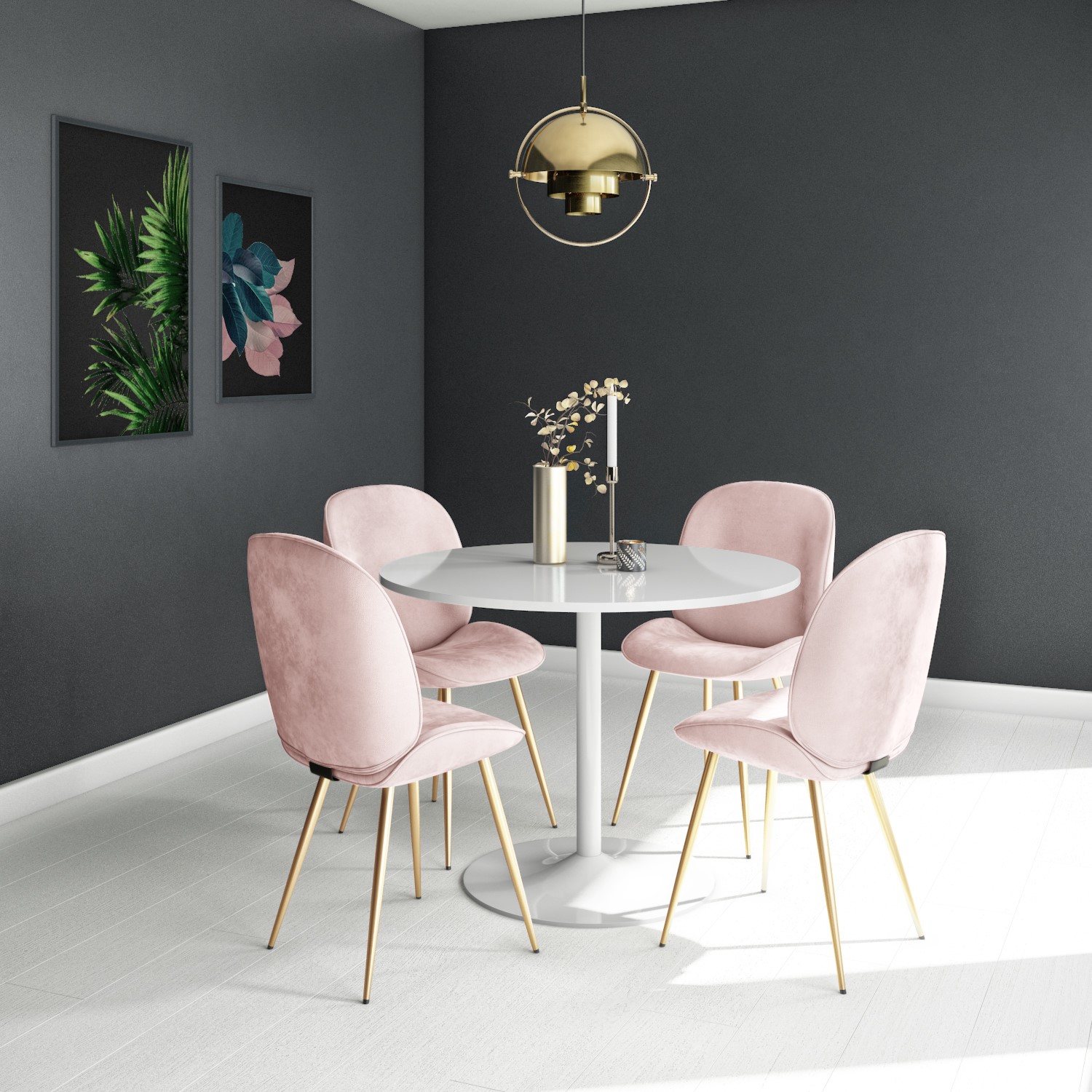 Jenna White Round Table 4 Chairs In Pink Velvet With Gold Legs Furniture123