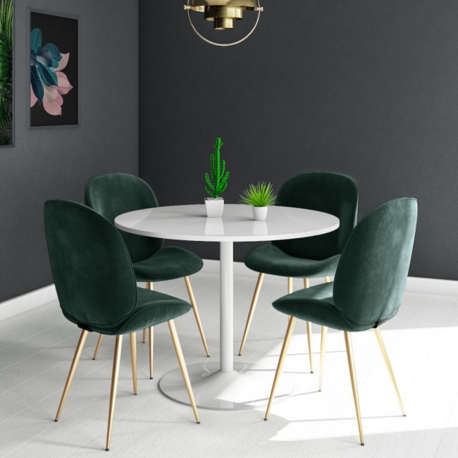 Jenna White Round Table & 4 Chairs in Green Velvet with Gold Legs