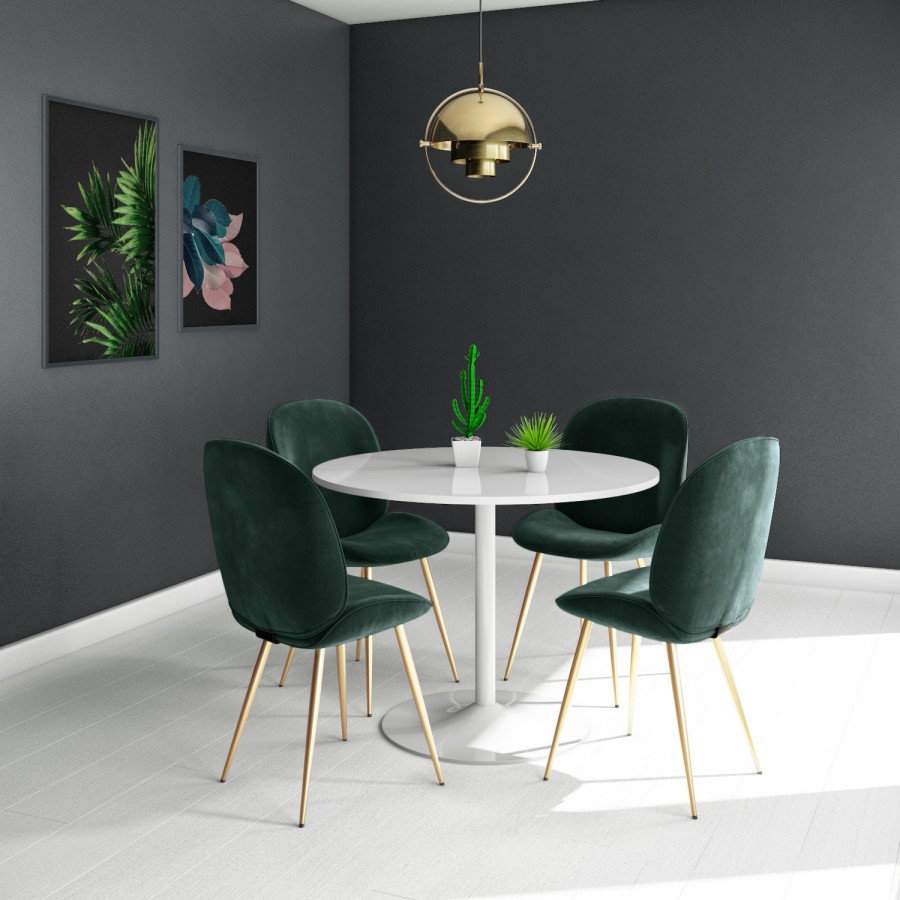 Jenna White Round Table & 4 Chairs in Green Velvet with Gold Legs