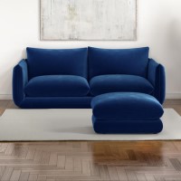 Navy Blue 3 Seater Velvet Curved Sofa with Footstool - Bodi