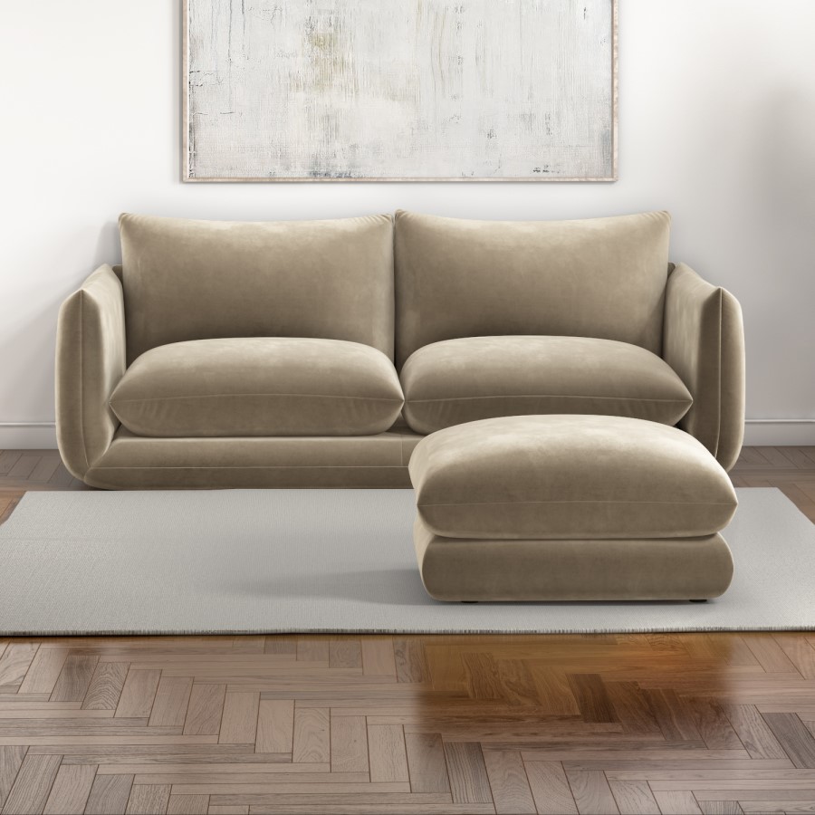 Mink 3 Seater Velvet Curved Sofa with Footstool - Bodi