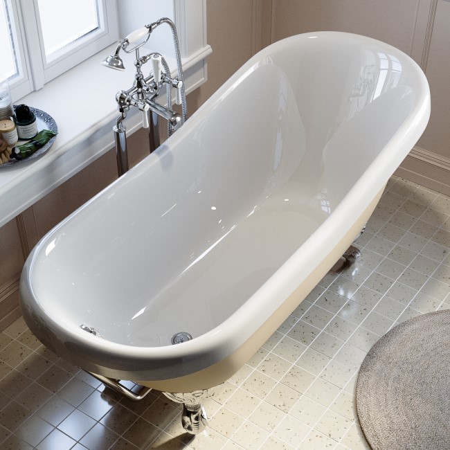 Beige Freestanding Single Ended Roll Top Slipper Bath with White Feet 1615 x 690mm - Bowland