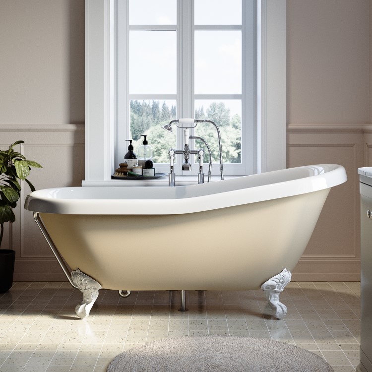 Beige Freestanding Single Ended Roll Top Slipper Bath with White Feet 1615 x 690mm - Bowland