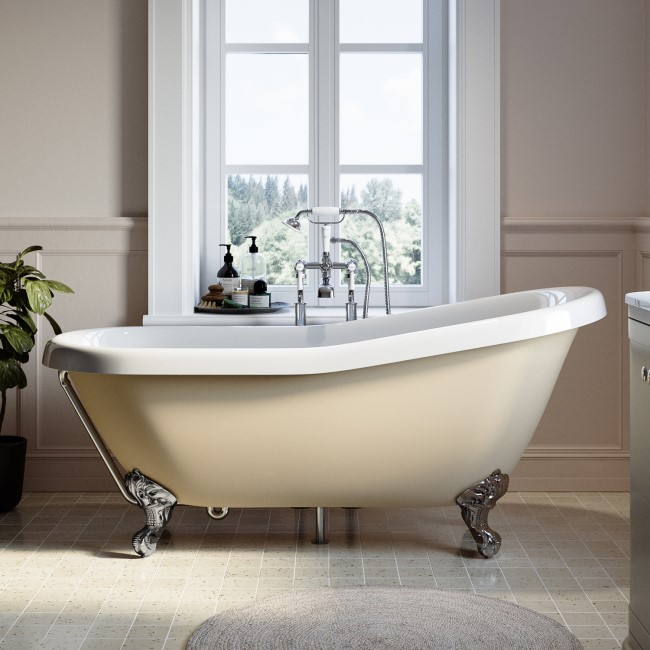 Beige Freestanding Single Ended Roll Top Slipper Bath with Chrome Feet 1615 x 690mm - Bowland