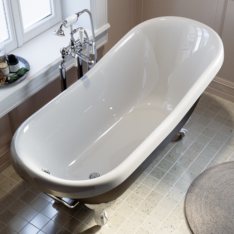 Black Freestanding Single Ended Roll Top Slipper Bath with White Feet 1615 x 690mm - Bowland