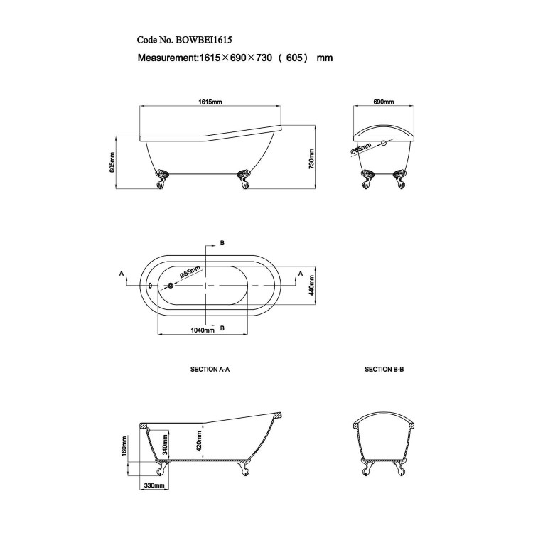 Black Freestanding Single Ended Roll Top Slipper Bath with Chrome Feet 1615 x 690mm - Bowland