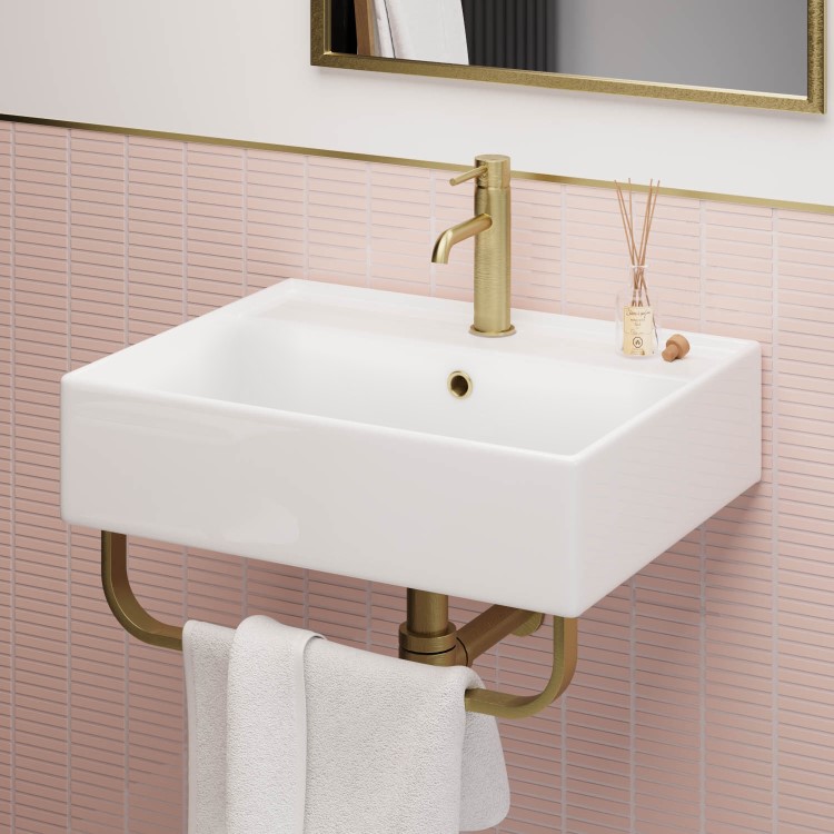 White Square Wall Hung Basin with Brass Rack 497mm - Bowen