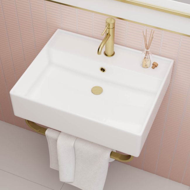 Grade A1 - White Square Wall Hung Basin with Brass Rack 497mm - Bowen