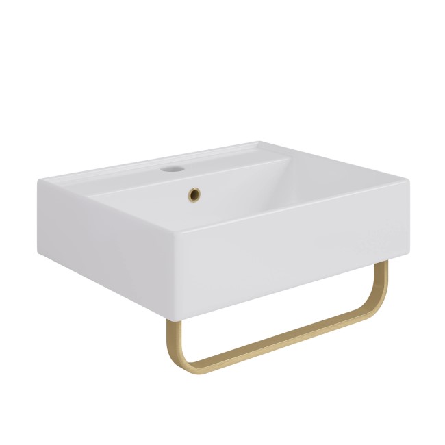 Grade A1 - White Square Wall Hung Basin with Brass Rack 497mm - Bowen