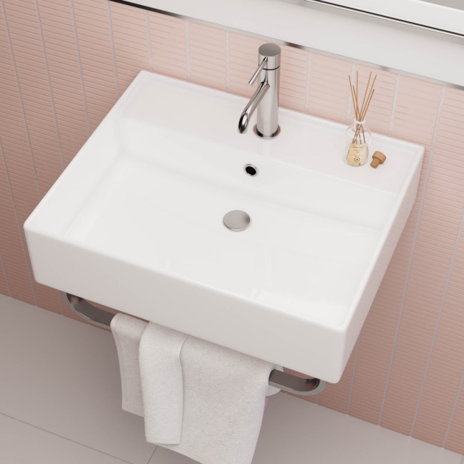 White Square Wall Hung Basin with Chrome Rack 497mm - Bowen