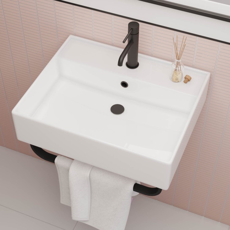 White Square Wall Hung Basin with Black Rack 497mm - Bowen