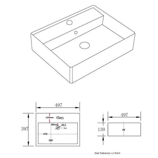 Grade A1 - White Square Wall Hung Basin with Brass Rack 497mm - Bowen