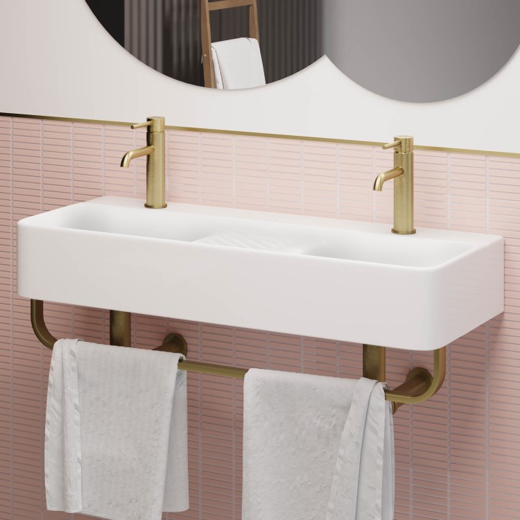 White Square Wall Hung Double Basin with Brass Rack 800mm - Bowen