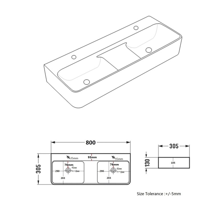 Grade A2 - White Square Wall Hung Double Basin with Black Rack 800mm - Bowen