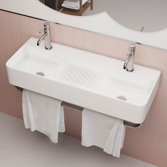 White Square Wall Hung Double Basin with Chrome Rack 800mm - Bowen