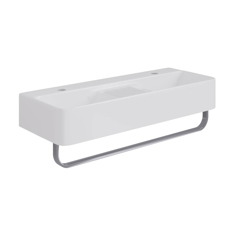 White Square Wall Hung Double Basin with Chrome Rack 800mm - Bowen