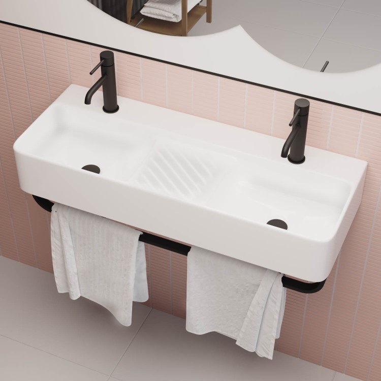 Grade A2 - White Square Wall Hung Double Basin with Black Rack 800mm - Bowen