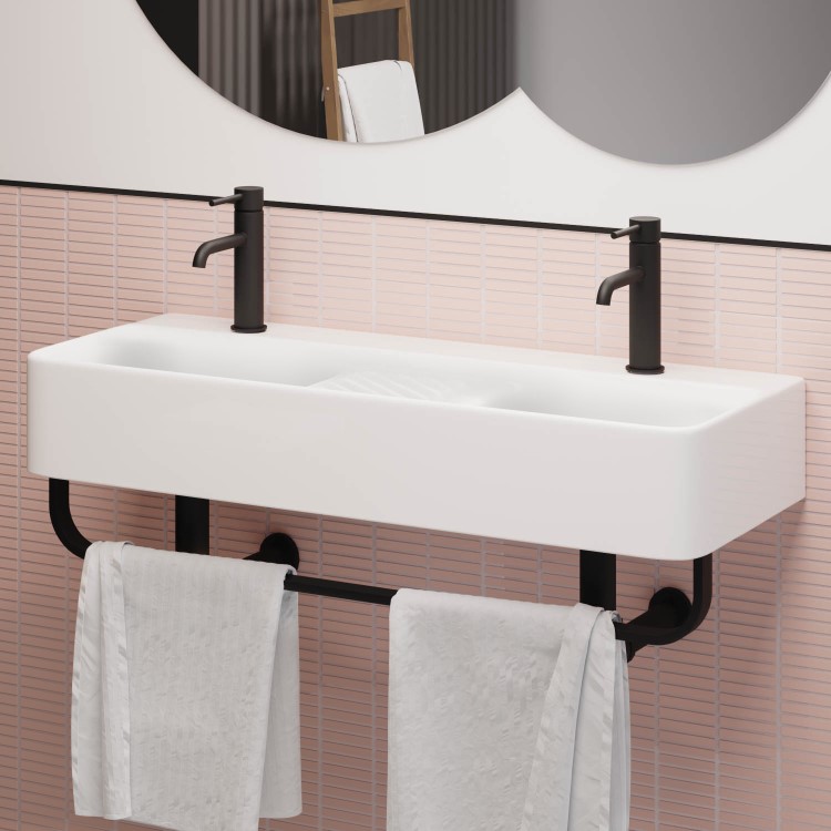 Grade A2 - White Square Wall Hung Double Basin with Black Rack 800mm - Bowen