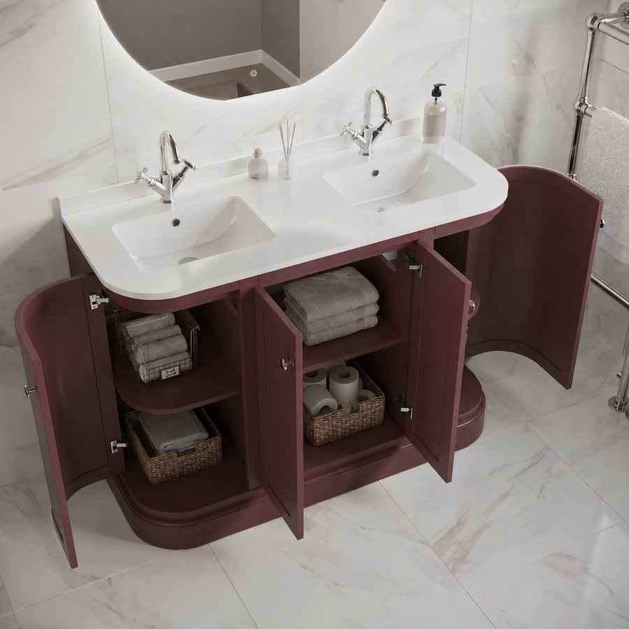 1200mm Burgundy Curved Freestanding Double Vanity Unit with Basins - Bowland