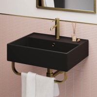 Grade A1 - Matt Black Square Wall Hung Basin with Brass Rack 497mm - Bowen