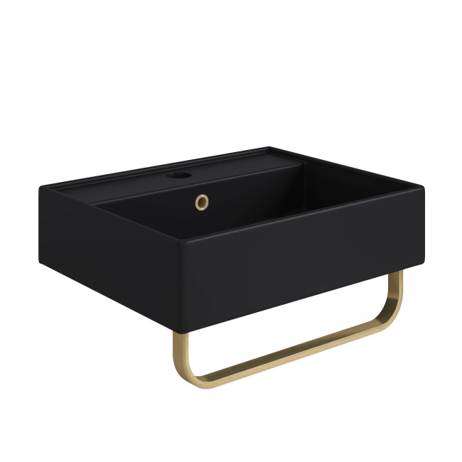 Matt Black Square Wall Hung Basin with Brass Rack 497mm - Bowen