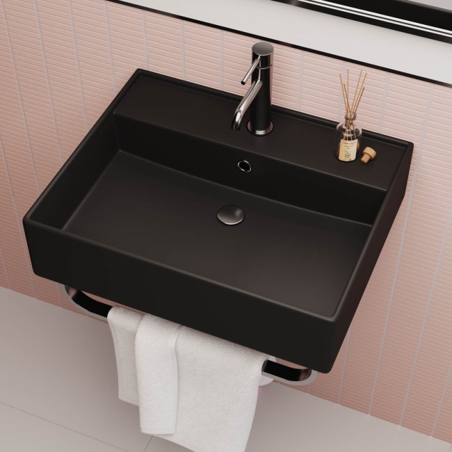 Matt Black Square Wall Hung Basin with Chrome Rack 497mm - Bowen