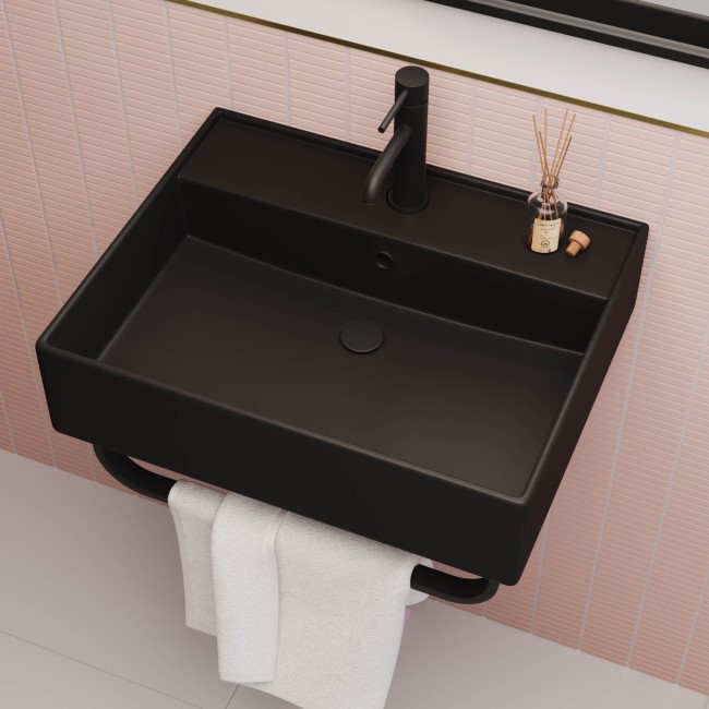 Matt Black Square Wall Hung Basin with Black Rack 497mm - Bowen