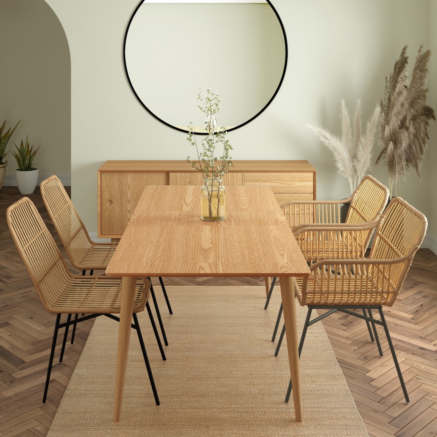 Briana Oak Extendable Dining Table With 2 Rattan Dining Chairs 2 Rattan Dining Armchairs Furniture123