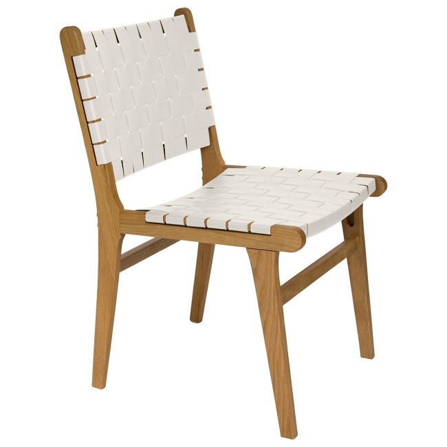 Set of 4 Solid Oak Cream Faux Leather Woven Dining Chairs - Bree