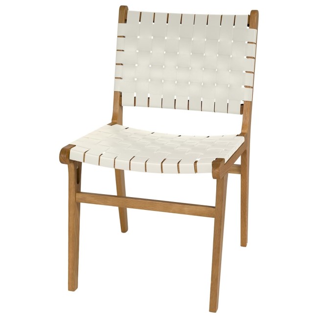 Set of 4 Solid Oak Cream Faux Leather Woven Dining Chairs - Bree