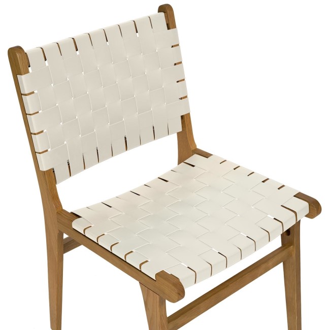 Set of 4 Solid Oak Cream Faux Leather Woven Dining Chairs - Bree