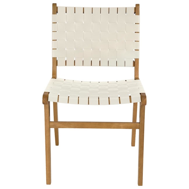 Set of 4 Solid Oak Cream Faux Leather Woven Dining Chairs - Bree