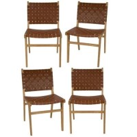 Set of 4 Solid Oak Tan Faux Leather Woven Dining Chairs - Bree