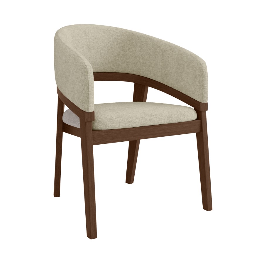 Set of 6 Walnut and Beige Upholstered Curved Dining Chairs - Owen