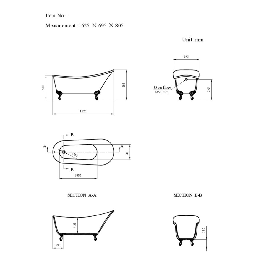 Lunar Traditional Black Freestanding Slipper Bath - 1620 x 730mm