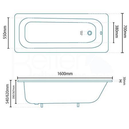 1600 x 700 Steel Bath with Tap Holes & Twin Grips