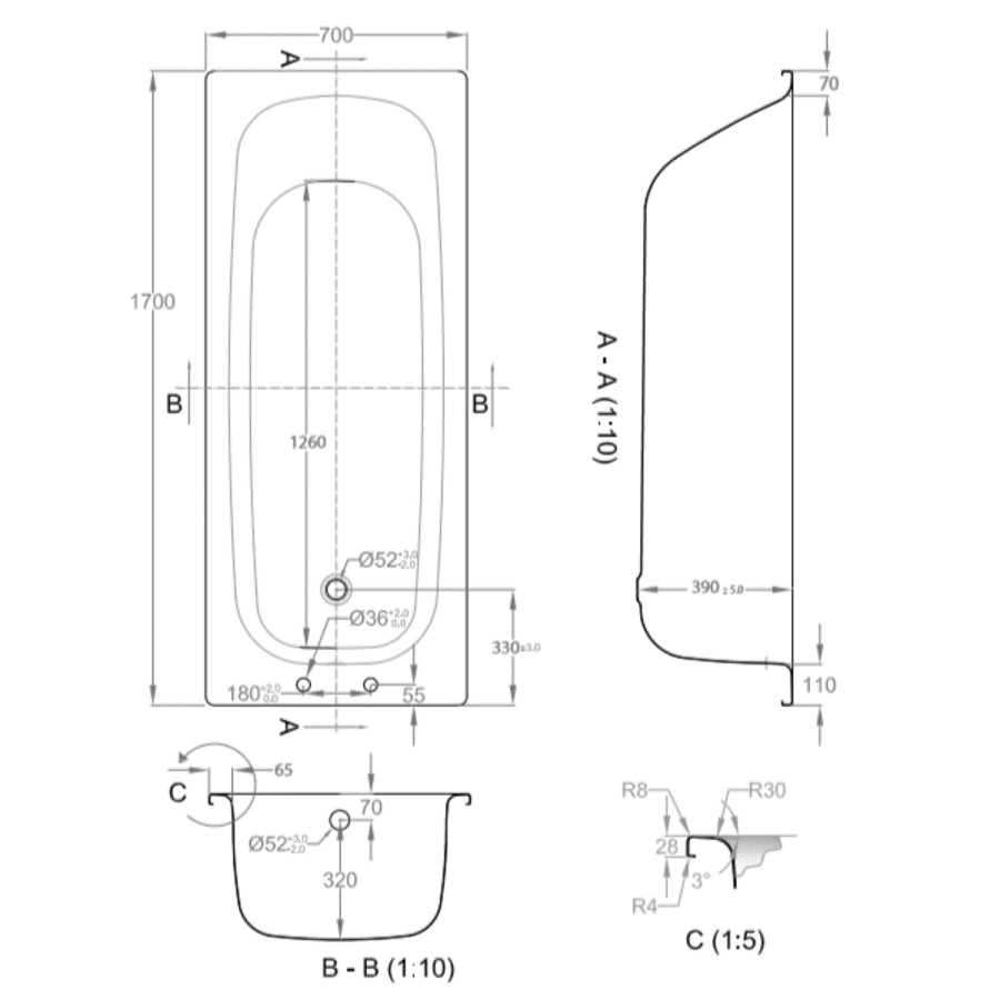 Single Ended Steel Bath with 2 Tap Holes and Grip Holes - 1700 x 700mm