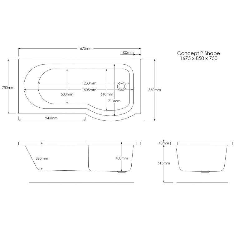 Dee Left Hand P Shape Bath with Front Panel and Screen - 1675 x 850mm