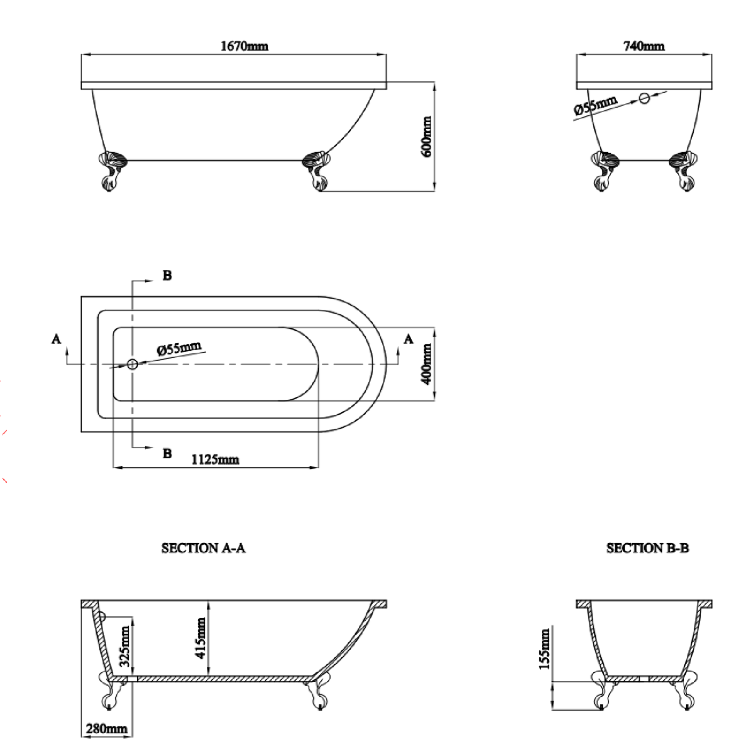 Freestanding Single Ended Shower Bath with White Feet & Bath Screen 1660 x 740mm - Park Royal