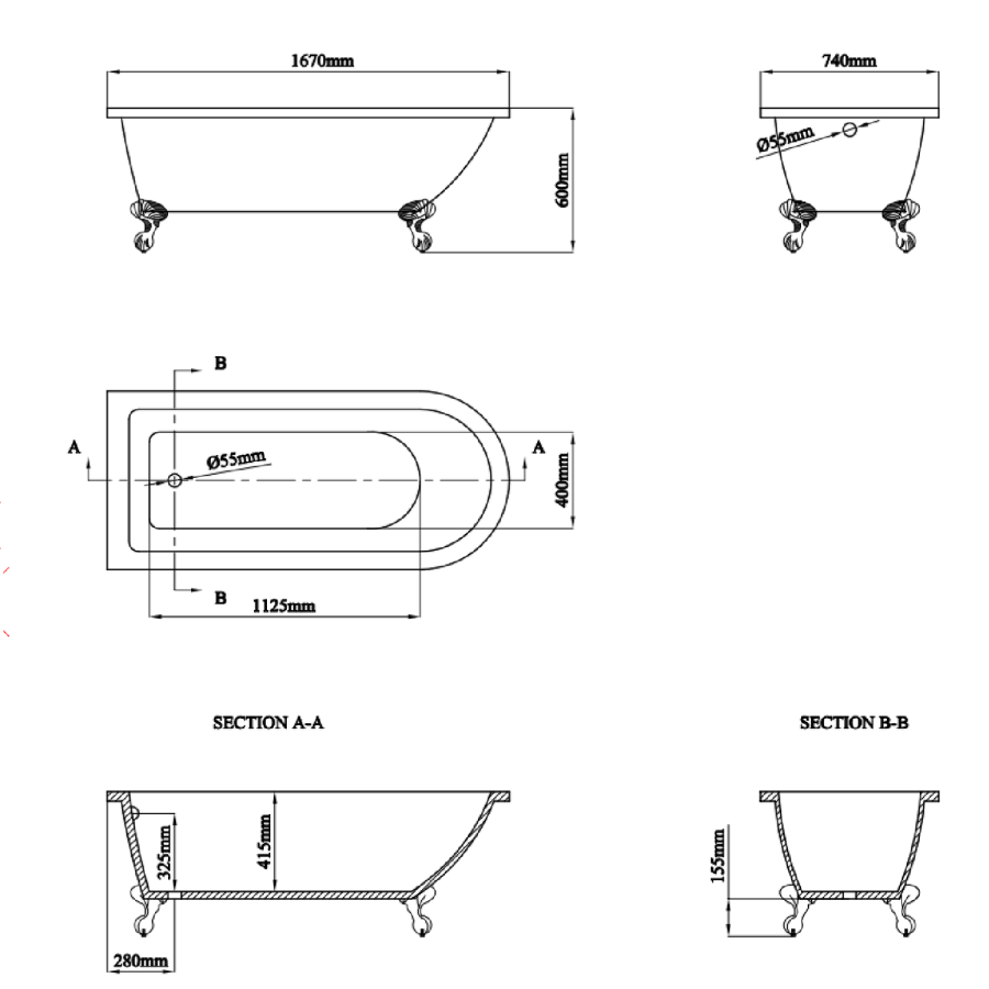Grade A2 - Freestanding Single Ended Bath with Chrome Feet 1660 x 740mm - Park Royal