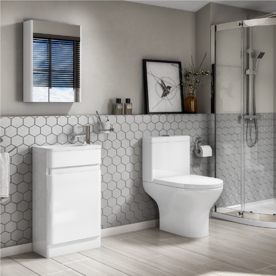 410mm Floor Standing White Gloss Vanity Unit with Close Coupled Toilet Suite - Portland 