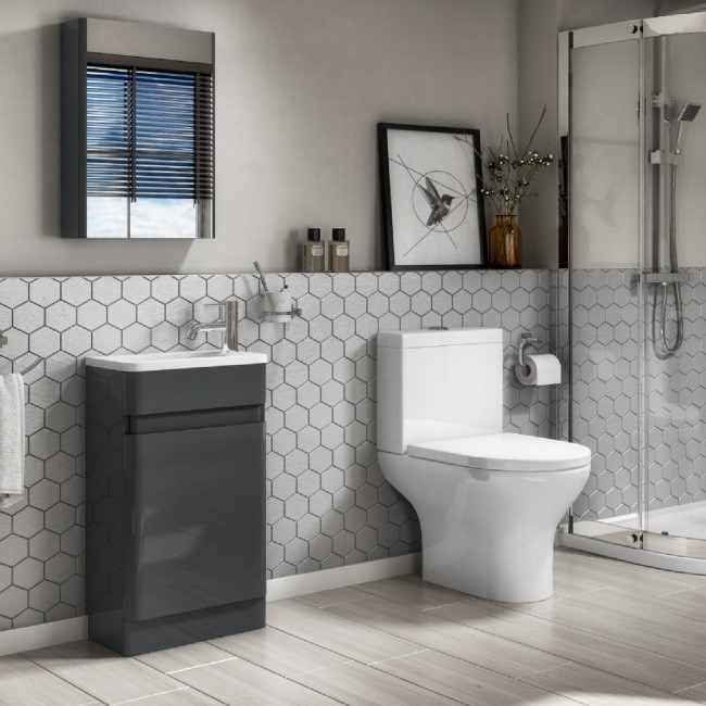 Cloakroom Suite with Dark Grey Vanity, Small Basin & Close Coupled Toilet - Portland