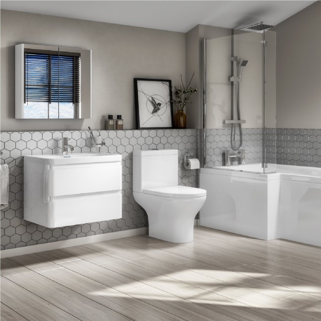 Portland 600 Wall Mounted Ice White Gloss Vanity Unit with Portland Close Coupled Toilet Suite