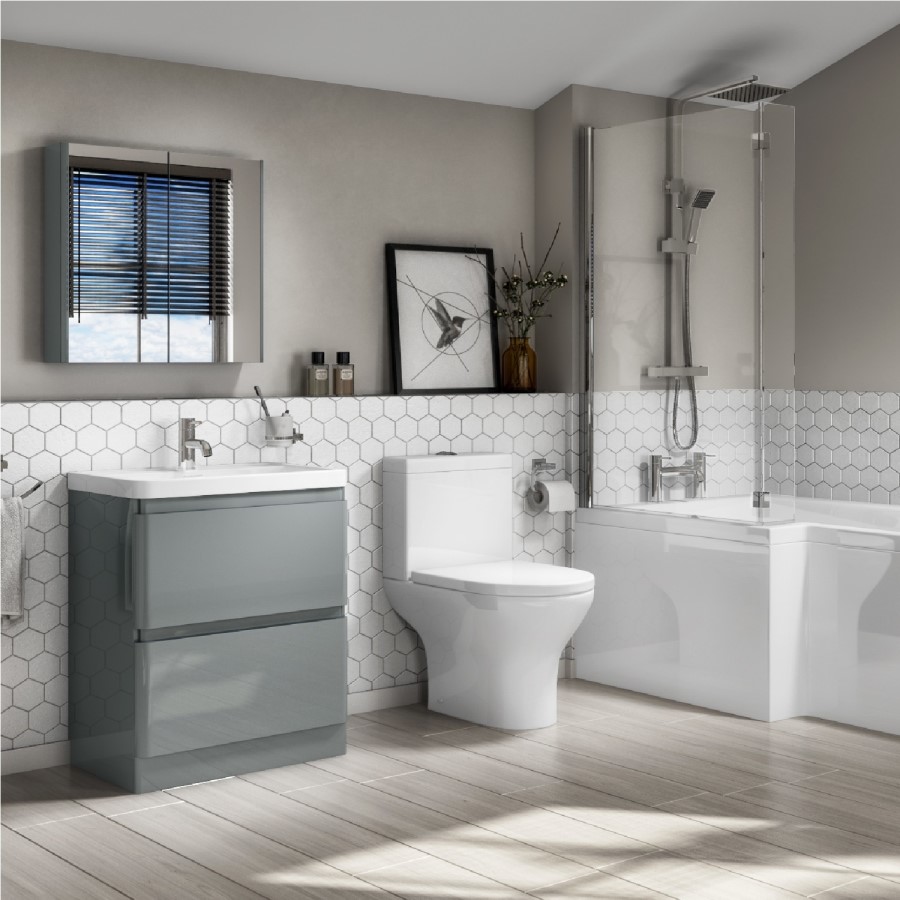 Portland 600 Floor Standing Crisp Mist Gloss Vanity Unit with Portland Close Coupled Toilet Suite