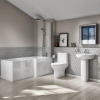 Grade A1 - L-Shaped Right Hand Bath Suite with Portland Close Coupled Toilet & Basin