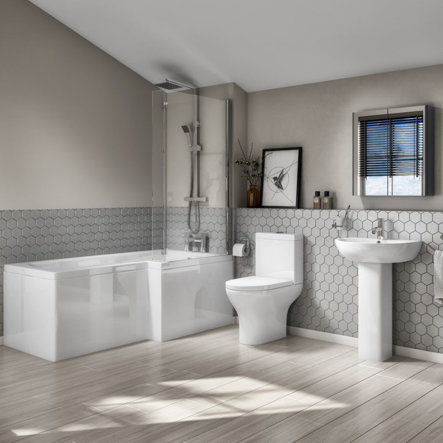 Grade A1 - L-Shaped Right Hand Bath Suite with Portland Close Coupled Toilet & Basin