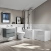 1700mm L Shaped Left Hand Bath Suite with 600mm Light Grey Wall Hung Vanity Unit and Toilet - Portland